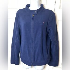 LILLY PULITZER Fleece Jacket Coat Navy Blue Pink Palm Tree Pockets Elbow Patch